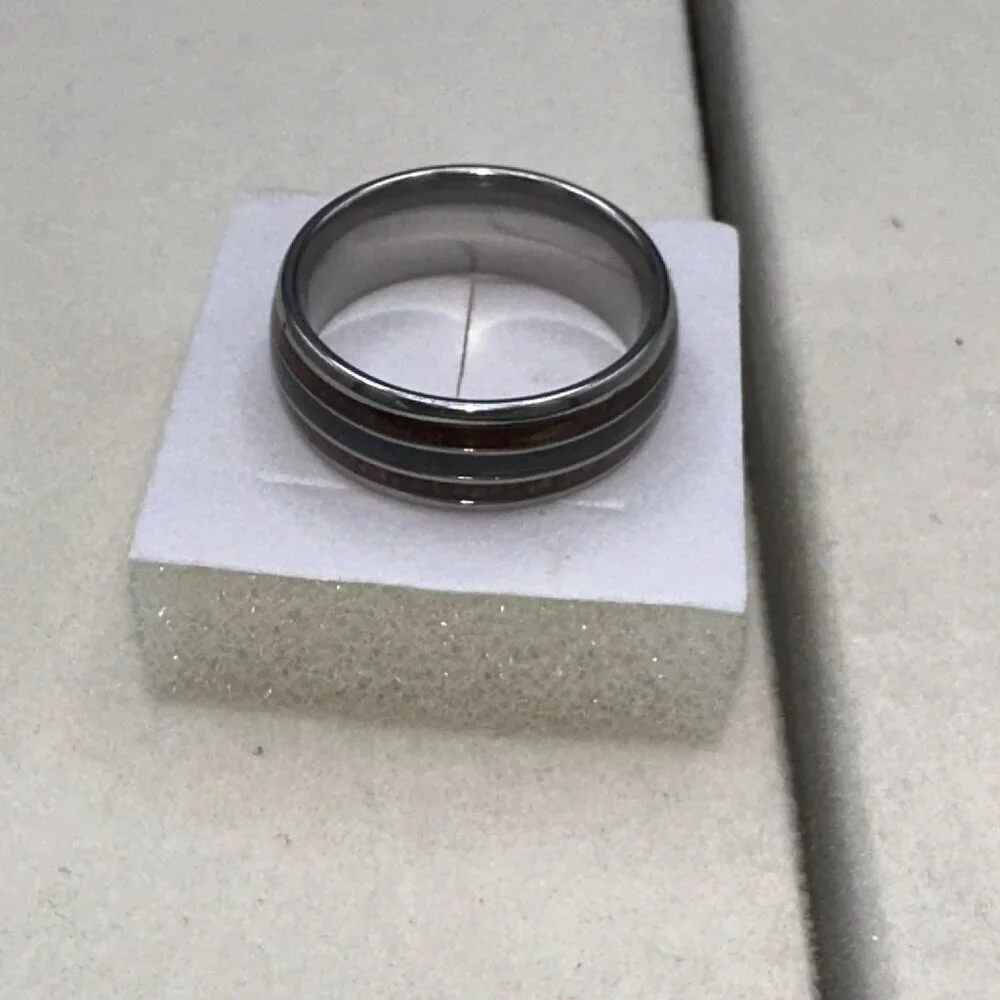 Mens Tungsten Carbide Ring With Wood & Opal Inlay Durable & Stylish Design - Picture 5 of 13